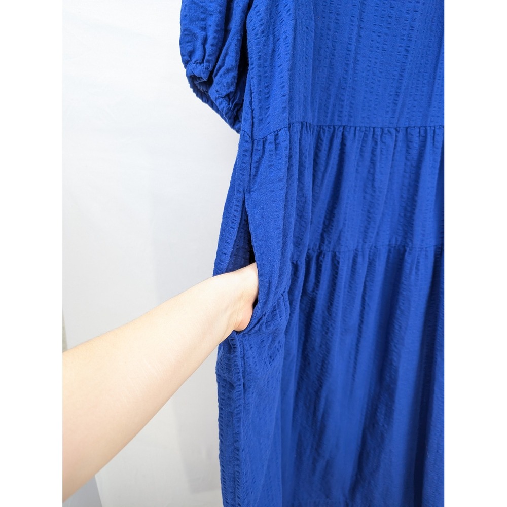 Seersucker Tiered Maxi Peasant Dress SIze XL Royal Blue Regency Muumuu Resort - Picture 5 of 9